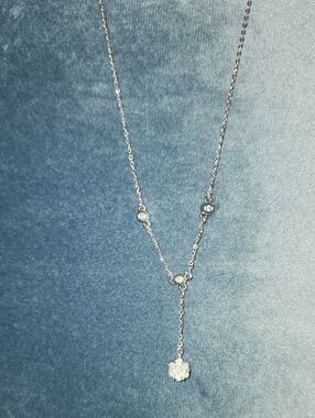 14kt White Gold Natural Cluster Flower Diamond Lariat Drop Necklace